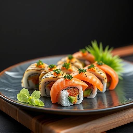 Food photography of a beautifully arranged plate of sushi, photographed by David Chen