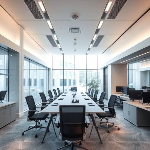 Interior shot of a modern office space with bright lighting, photographed by David Chen