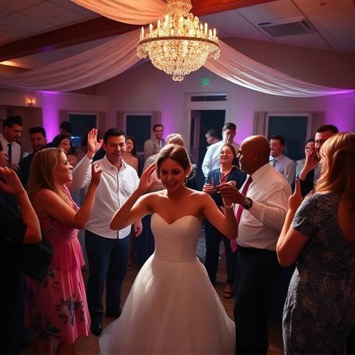 Photo of a wedding reception with guests dancing and celebrating, photographed by Sofia Rodriguez