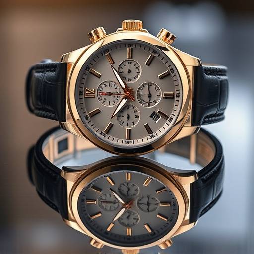 Product shot of a luxury watch on a reflective surface, taken by David Chen